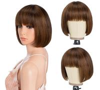 Style Icon Brown Human Hair Wig with Bangs for Black Women - Short Straight Bob Wig, Glueless, Machine Made (8 inches, P4/30)