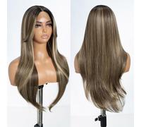 Style Icon Curtain Bangs Wig HD Lace Front Wigs 26 Inches Brown Highlight Long Muti Layered Wigs Synthetic Lace Front Wig 13x5x1 T Part Wig (NTSN4/UN9/12R)