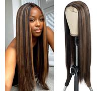 Style Icon Lace Front Wigs Long Straight Synthetic Hair Wigs with Baby Hair Half Hand Tied 130% Density Middle Part Wigs Heat Resistant Fiber (Middle Lace Part 30 Inch, P4/27)