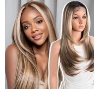 Style Icon Layered Wig Glueless Synthetic Lace Front Wigs 24 inch Blonde Brown Highlight Long Layered Straight Hair Wig for Women 13x4x1 T Part Lace Pre Plucked Hairline