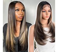 Style Icon Layered Wig Glueless Synthetic Lace Front Wigs 24 inch Brown Highlight Long Layered Straight Hair Wig for Women 13x4x1 T Part Lace Pre Plucked Hairline