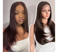 Style Icon Layered Wig Glueless Synthetic Lace Front Wigs 24 inch Chocolate Brown Long Layered Straight Hair Wig for Women 13x4x1 T Part Lace Pre Plucked Hairline
