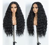 Style Icon Long Curly Wave Lace Front Wigs for Women 30 Inches Long Black Water Wave Wig Loose Deep Wave Wig T Part Synthetic Lace Front Wig