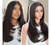Style Icon Long Layered Wig Straight Synthetic Lace Front Wig 24 inch Middle Part Lace for Women 13x5x1 T Part Heat Resistant Fiber for Daily Party (F5/6A)