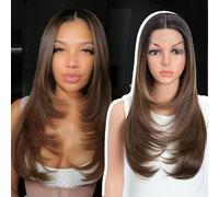 Style Icon Long Layered Wig Straight Synthetic Lace Front Wig 24 inch Middle Part Lace for Women 13x5x1 T Part Heat Resistant Fiber for Daily Party (TT2/CARMEL)