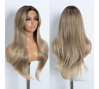 Style Icon Long Layered Wig with Curtain Bangs Blonde Synthetic Lace Front Wig 26 inch Layered Wave Wig for Women 13x5x1 Middle Part Pre Plucked Heat Resistant Synthetic Wigs for Daily Party Use