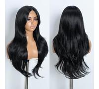 Style Icon Long Layered Wig with Curtain Bangs Synthetic Lace Front Wig 26 inch Black Layered Wave Wig for Women 13x5x1 Middle Part Pre Plucked Heat Resistant Synthetic Wigs for Daily Party Use
