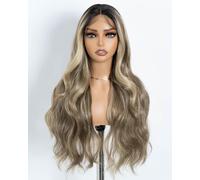 Style Icon Long Wave Wig 28 Inch Highlight Brown Synthetic Lace Front Wig Long Body Wave Wigs Pre Plucked Baby Hair Middle Part Lace Wig (NTSN 4/UN9/12R)