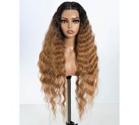 Style Icon Ombre Brown Lace Front Wigs 30 inches Long Curly Wavy Synthetic Wigs Deep Middle Part Baby Hair Wigs for Women Heat Resistant Fiber (SOP43026)