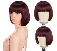 Style Icon Red Human Hair Wig with Bangs for Black Women - Short Straight Hair Glueless Bob Wig Machine Made (8 inches, TT1B/99J)