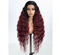 Style Icon Red Lace Front Wigs 30 inches Long Culry Wavy Synthetic Wigs Deep Middle Part Baby Hair Wigs for Women Heat Resistant Fiber (TT1B/530)