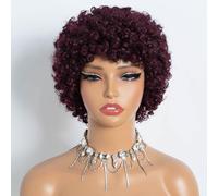 Style Icon Short Afro Curly Hair Wig for Black Women Human Hair Pixie Cut Afro Curl Wig Full and Fluffy Natural Looking Glueless Wear to Go Red Color (Color:99J)