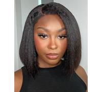 Style Icon Short Kinky Straight Bob Human Hair Wig with 4C Kinky Curly Edges Hairline Wear and Go Glueless Bob Wig for Women 12 Inch Pre Plucked Pre Cut Deep Side Parted Lace