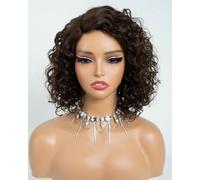 Style Icon Short Water Wave Wigs Human Hair Side Part Lace 12 inch Dark Brown Curly Bob Wigs Glueless Wear and Go Wig for Women C-Lace (Color:4)