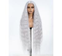 Style Icon Super Long Lace Front Wig 40 Inches Silver Long Curly Wave Wig for Women Synthetic Lace Front T Part Wig Pre Plucked Heat Resistant Fiber 150% Density (THISTLE)