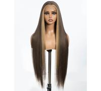 Style Icon Super Long Straight Lace Front Wig 36 inch Light Yaki Straight Hair Skunk Stripe Brown with Blonde Pre Plucked with Baby Hair Synthetic Heat Resistant Fiber