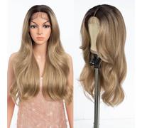Style Icon Synthetic Lace Front Wig with Curtain Bangs 24 inch Long Wave Wig for Women Ombre Blonde Layered Wigs with Bangs Pre Plucked with Baby Hair 13x4x1 Middle Part 150% Density
