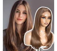 Style Icon Wear and Go Glueless Wigs Pre Plucked Pre Cut for Beginners Brown Long Layered Straight Synthetic Lace Front Wigs with Curtain Bangs 20 inch 3 Seconds to Wear(12A)