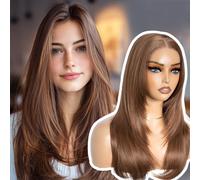 Style Icon Wear and Go Glueless Wigs Pre Plucked Pre Cut for Beginners Brown Long Layered Straight Synthetic Lace Front Wigs with Curtain Bangs 20 inch 3 Seconds to Wear(30D)