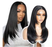 Style Icon Wear and Go Glueless Wigs Pre Plucked Pre Cut for Beginners Long Layered Straight Synthetic Lace Front Wigs with Curtain Bangs 20 inch Natural Black 3 Seconds to Wear