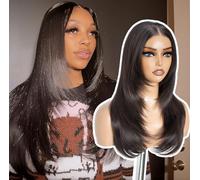 Style Icon Wear and Go Glueless Wigs Pre Plucked Pre Cut for Beginners Long Layered Straight Synthetic Lace Front Wigs with Curtain Bangs 20 inch Dark Brown 3 Seconds to Wear