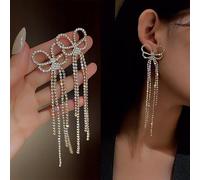 Style Inlaid Rhinestone Bowknot Tassel Long Earrings For Women Wedding Jewelry Birthday Gift