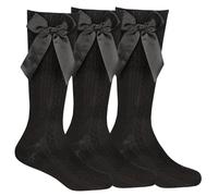 Style It Up 3 Pair Girls/Kids Knee High Socks with satin Ribbons Bows Cotton Rich School Long Socks Smart Formal Dressup (3 Pairs Black, UK 12.5-3.5)