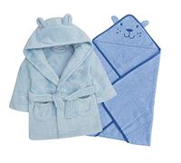 Style It Up Baby Newborn Dressing Gown Hooded Towel Wrap Set Soft Warm Unisex Bath Robe Gift (Blue Towel, Blue Robe, 12-18 Months)