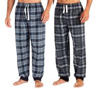 Style It Up Men’s Fleece Lounge Pants Pyjama Bottoms - Soft Warm Tartan Check & Plain PJ Pants, Cuffed Hem, Adjustable Drawstring Waist, Pockets, Nightwear & Loungewear (2 PACK, BLUE-GREY, L)