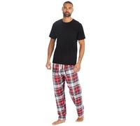 Style It Up Mens Flannel Fleece Short Sleeve Pyjama Set Cotton Rich Pants Plain T-Shirt Comfortable Soft Warm Adults Nightwear Loungewear (BLACK-RED, 2XL)