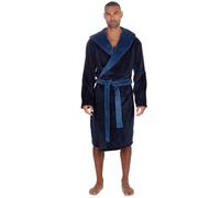 Style It Up Mens Fleece Soft Hooded Dressing Gown Contast Flannel Super Warm Robe Cosy Comfortable Bathrobe Adults Winter Loungewear (NAVY-DENIM, L)