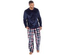 Style It Up Mens Long Sleeve Flannel Fleece Pajama Set Checked Bottoms Warm Cozy Comfortable Adults Nightwear (NAVY-BURGUNDY, L)