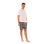 Style It Up SIU31-0059/R-TAG Mens Woven Pyjamas Cotton PJ Set Short Sleeve Crew Lounge Top Soft Check Shorts (White-Brown, L)