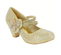 Style Spot Gold Flower Girls Special Occasion Heeled Shoes - UK 11 Kids, Diamante Strappy Court Shoes, Mid Heel Wedding Sandals, Glitter Dance Party Shoes for Children