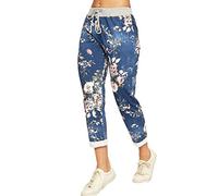 Style Wise Fashion Womens Italian Floral Rose Print Turn Up Trousers Ladies Summer Beach Denim Jeans (Dark Blue Denim UK 8)