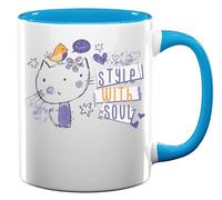 Style with Soul Cute Cat and Bird Sketch Art Ceramic Tea Coffee Mug Light Blue