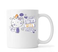 Style with Soul Cute Cat and Bird Sketch Art Ceramic Tea Coffee Mug White
