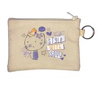 Style with Soul Cute Cat and Bird Sketch Art Key Chain Coin Purse Beige
