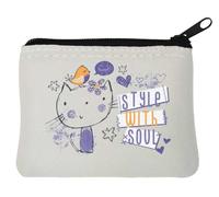Style with Soul Cute Cat and Bird Sketch Art Neoprene Coin Purse Pouch 12x9cm White