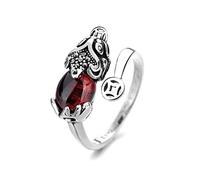 Stylebest Pixiu Ring, Retro Handmade Sterling Silver Amulet Ring with Garnet Inlaid, Adjustable Wealth Protection for Men, Buddhist Jewelry (Copper plating vintage silver)