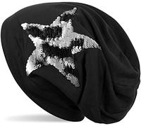 styleBREAKER Beanie hat with a Reverse Sequin Star appliqué, Long Slouch Beanie, Ladies 04024141, Colour:Black