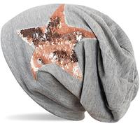 styleBREAKER Beanie hat with a Reverse Sequin Star appliqué, Long Slouch Beanie, Ladies 04024141, Colour:Mottled Grey