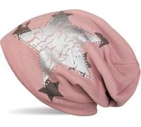styleBREAKER Beanie hat with All-Over Star Pattern, Vintage Star Print, Rhinestone Edge and Very Soft Inner Lining, Unisex 04024097, Color:Old Rose