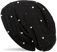 styleBREAKER Beanie hat with Pearls and Rhinestone Studs, Long Slouch Beanie, Ladies 04024140, Colour:Black
