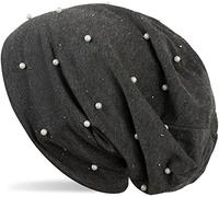 styleBREAKER Beanie hat with Pearls and Rhinestone Studs, Long Slouch Beanie, Ladies 04024140, Colour:Mottled Dark Grey