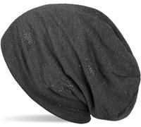 styleBREAKER Beanie Hat with Rhinestone Stars and All-Over Rhinestones, Slouch Long Beanie, Women's 04024116, Colour:Mottled Dark Grey