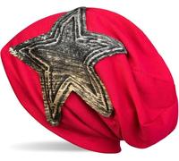 styleBREAKER Beanie hat with Vintage Metallic Star Application and Fleece Inner Lining, Slouch Long Beanie, Unisex 04024107, Colour:Red