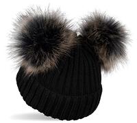 styleBREAKER Kids Knitted Bobble hat with 2 Faux Fur pom poms and Fleece Lining, Winter Beanie, Knitted hat, 2-5 Years 04024203, Colour:Black