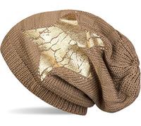 styleBREAKER Knitted Beanie hat with Vintage Star Print and Rhinestone Border, Knitted hat with Stripe Pattern, Unisex 04024083, Color:Brown/Gold