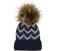 styleBREAKER Ladies Knitted Pom Pom Hat with Zig-Zag Pattern and Fleece Lining, Winter Fur Pom Pom Hat, Knitted Hat 04024188, Colour:Darkblue-Lightgrey